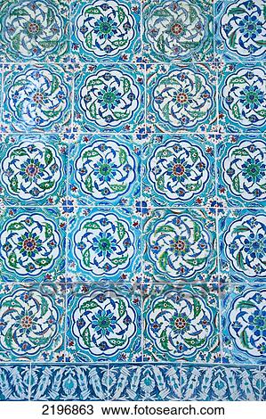 Stock Image - Turkey, Detail of blue tiled walls of Topkapi Palace; Istanbul. Fotosearch