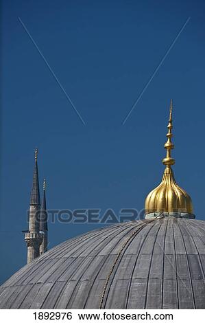 Stock Photograph - Turkey, Detail of domed roof of Hagia Sofia and minarets of Sultanahmet or Blue Mosque; Istanbul. Fotosearch