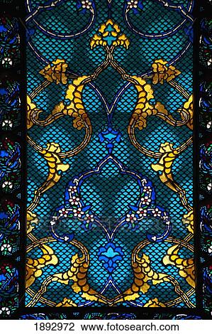 Stock Image - Turkey, Detail of stained glass window in room in Harem of Topkapi Palace; Istanbul. Fotosearch