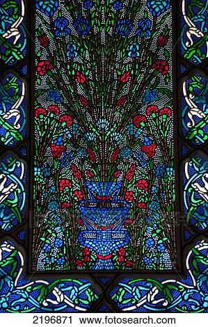 Stock Image - Turkey, Detail of stained glass window in room in Harem of Topkapi Palace; Istanbul. Fotosearch