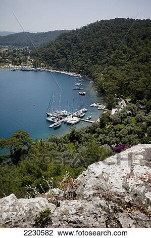 Stock Image - Turkey, Gokava Gulf, Moored Boats; Karacasu. Fotosearch
