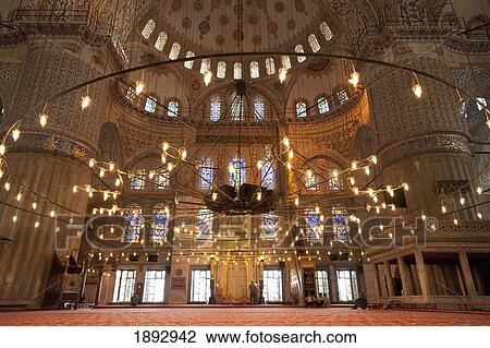 Stock Image - Turkey, Interior of Sultanahmet or Blue Mosque; Istanbul. Fotosearch