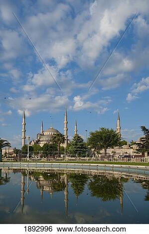 Stock Photograph - Turkey, Looking across pond to Sultanahmet or Blue Mosque; Istanbul. Fotosearch