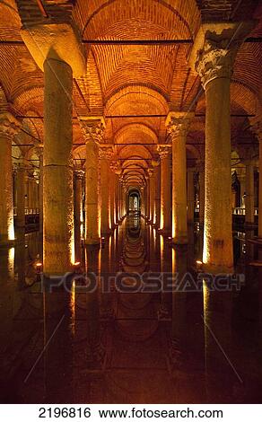 Stock Photograph - Turkey, Looking along row of columns inside Yerebatan Sarnici underground cistern; Istanbul. Fotosearch
