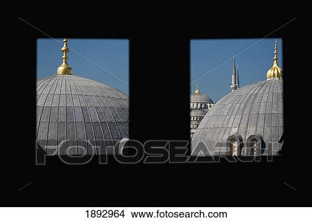 Picture - Turkey, Looking out window and across domed roofs of Haghia Sophia to Sultanahmet or Blue Mosque; Istanbul. Fotosearch