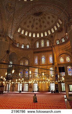 Turkey Men At Prayer Inside Sultanahmet Or Blue Mosque