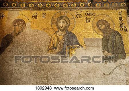 Stock Photo - Turkey, Mosaic of Jesus flanked by Mary and John Baptist on walls of Haghia Sofia; Istanbul. Fotosearch