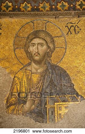 Stock Image - Turkey, Mosaic of Jesus on walls of Haghia Sofia; Istanbul. Fotosearch