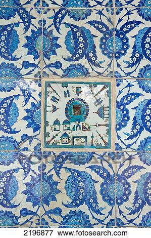 Stock Photo - Turkey, on wall of Rustem Pasa mosque; Istanbul, Detail of blue tiling showing basic map with mecca at centre. Fotosearch