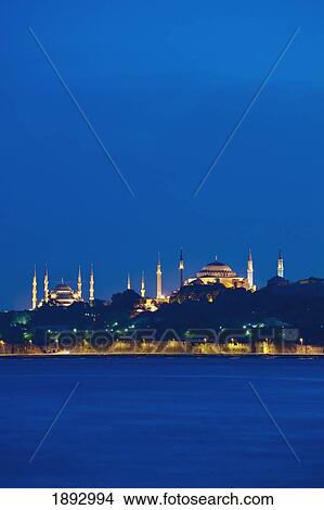 Turkey, Sultanahmet or Blue mosque and Hagia Sofia at dusk; Istanbul View Large Photo Image Picture - Turkey, Sultanahmet or Blue mosque and Hagia Sofia at dusk; Istanbul. Fotosearch