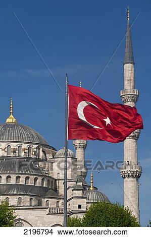 Turkey, Turkish flag in front of Sultanahmet Blue Mosque; Istanbul View Large Photo Image Picture - Turkey, Turkish flag in front of Sultanahmet Blue Mosque; Istanbul. Fotosearch