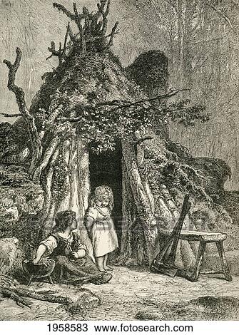 Stock Image - Two Children Outside A Woodman's Cabin In The Ardennes, France In The 19Th Century. From French Pictures By The Rev. Samuel G. Green, Published 1878.. Fotosearch