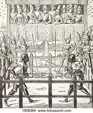 Picture - Two Combatants Begin A Judicial Duel. After A Miniature In The 15Th Century Ceremonies Des Gages De Bataille. From Military And Religious Life In The Middle Ages By Paul Lacroix Published London Circa 1880.. Fotosearch