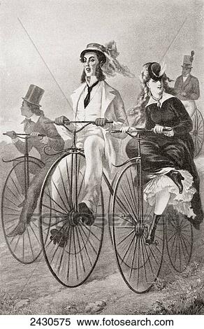 Two cyclists on Penny Farthing bicycles in the 19th century. From Illustrierte Sittengeschichte vom Mittelalter bis zur Gegenwart by Eduard Fuchs, published 1909. View Large Photo Image Stock Photography - Two cyclists on Penny Farthing bicycles in the 19th century. From Illustrierte Sittengeschichte vom Mittelalter bis zur Gegenwart by Eduard Fuchs, published 1909.. Fotosearch