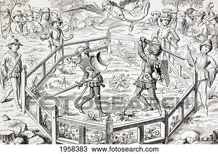 Stock Image - Two Knights Fight A Duel. After A Miniature In A 15Th Century Manuscript The Conquetes De Charlemagne. From Military And Religious Life In The Middle Ages By Paul Lacroix Published London Circa 1880.. Fotosearch