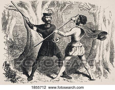 Two Men Fighting With Quarter Staffs. Robin Hood And Little John. From The National And Domestic History Of England By William Aubrey Published London Circa 1890 View Large Photo Image Stock Image - Two Men Fighting With Quarter Staffs. Robin Hood And Little John. From The National And Domestic History Of England By William Aubrey Published London Circa 1890. Fotosearch