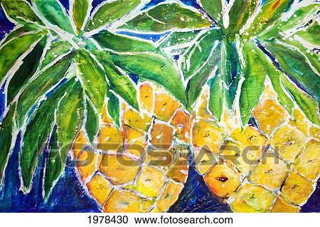 Stock Image - Two Purple Pineapples, Batik On Rice Paper (Acrylic And Watercolor Painting).. Fotosearch