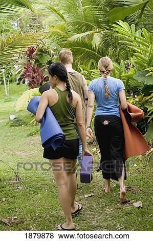 Two Women And Man Walking With Yoga Mats Through Rainforest View Large Photo Image Stock Photo - Two Women And Man Walking With Yoga Mats Through Rainforest. Fotosearch