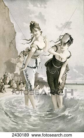 Two young ladies sea bathing in the 19th century. From Illustrierte Sittengeschichte vom Mittelalter bis zur Gegenwart by Eduard Fuchs, published 1909. View Large Photo Image Stock Photo - Two young ladies sea bathing in the 19th century. From Illustrierte Sittengeschichte vom Mittelalter bis zur Gegenwart by Eduard Fuchs, published 1909.. Fotosearch