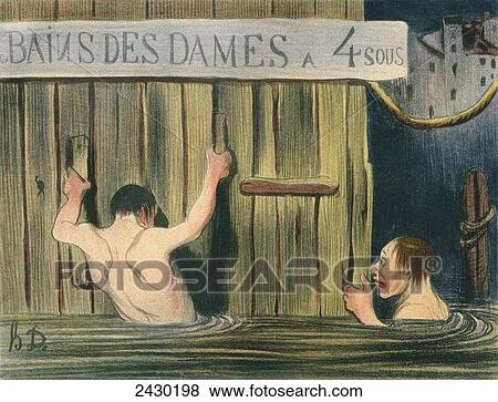 Stock Photo - Two young men spying on the ladies in a women's bathouse in the 19th century. From Illustrierte Sittengeschichte vom Mittelalter bis zur Gegenwart by Eduard Fuchs, published 1909.. Fotosearch