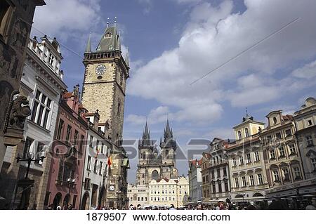 Tyn Cathedral And Astronomical Clock In Old Town Square View Large Photo Image Stock Photo - Tyn Cathedral And Astronomical Clock In Old Town Square. Fotosearch