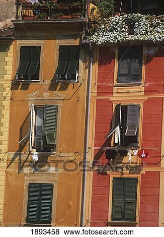 Typical Painted Buildings And Green Shutters View Large Photo Image Stock Photo - Typical Painted Buildings And Green Shutters. Fotosearch