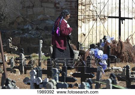 Stock Image - Tzotzil Maya Woman At The Cemetery Of San Juan Chamula, Chiapas, Mexico. Fotosearch