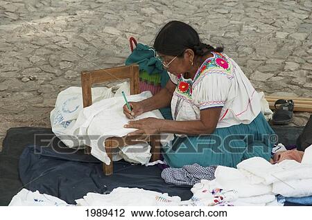 Stock Image - Tzotzil Maya Woman Making Embroideries, San Cristobal De Las Casas, Chiapas, Mexico. Fotosearch