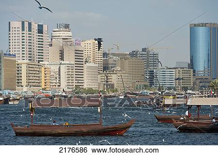 Stock Photograph - UAE, Water taxis at the Creek; Dubai. Fotosearch