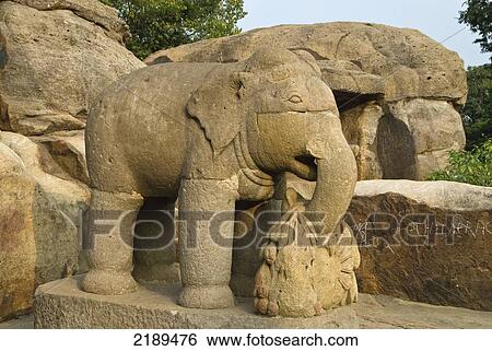 Stock Photograph - Udayagiri Caves. Carved Elephant. Udayagiri (Hill Of The Sunrise) And Khandagiri (Broken Hill), Bhubaneswar, Orissa, India. Fotosearch