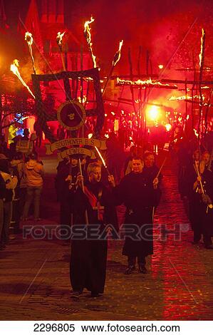 Stock Photography - UK, England, East Sussex, Southover Bonfire Society marching in procession on Bonfire night; Lewes. Fotosearch
