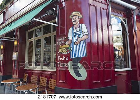 Stock Photo - Uk, England, London, Victoria, Fish And Chips Restaurant Painting. Fotosearch