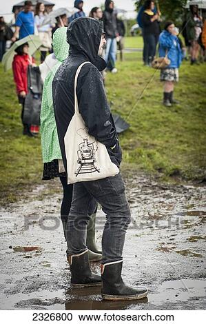 Stock Image - UK, England, Midland Railway; Derbyshire, Rainy day at Indietracks Festival. Fotosearch