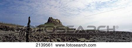 Stock Image - Uk, England, Northumberland, Northumbrian Coast, Panoramic View Of Lindisfarne Castle At Low Tide; Holy Island. Fotosearch