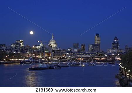 Stock Photo - Uk, Gb, England, London, City Skyline At Dusk With Moon. Fotosearch