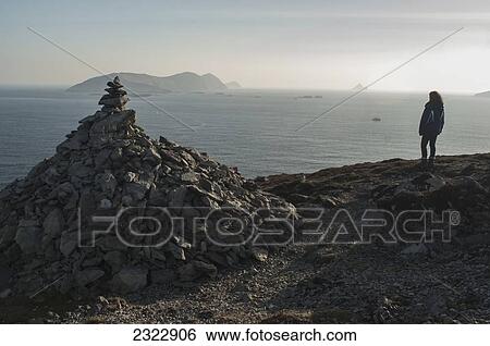 UK, Ireland, County Kerry, Dingle, Woman looking out to Blasket Islands from Clogher Head View Large Photo Image Stock Photograph - UK, Ireland, County Kerry, Dingle, Woman looking out to Blasket Islands from Clogher Head. Fotosearch