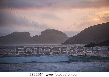 Stock Image - UK, Ireland, County Kerry, Iveragh Peninsula, Saint Finan's Bay, Surfers at sunset. Fotosearch