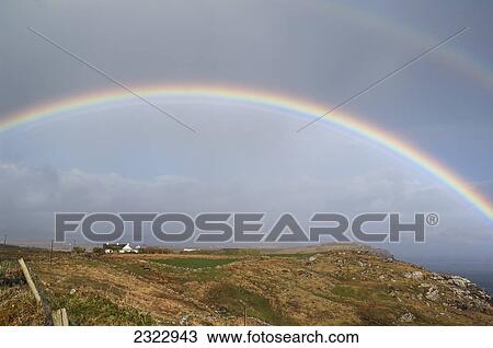 Stock Image - UK, Ireland, County Kerry, Rainbow over Ballinskelligs Bay. Fotosearch