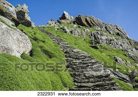 Stock Image - UK, Ireland, County Kerry, Skellig Islands, Footpath climbing up Skellig Michael. Fotosearch