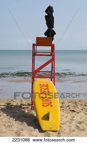 Stock Photograph - Uk, Kent, Lookout Tower And Rescue Surfboard; Broadstairs. Fotosearch