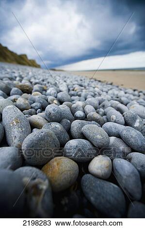 Stock Image - UK, Norfolk, Pebble and sand split beach close up of pebbles in foreground near Holt and Cromer; Weybourne. Fotosearch