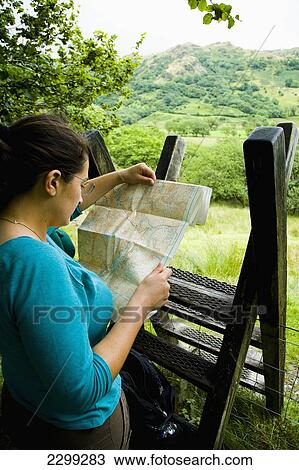 Stock Image - UK, North Wales, Snowdonia National Park, Female walker checking the route on the map; Nantgwynant. Fotosearch