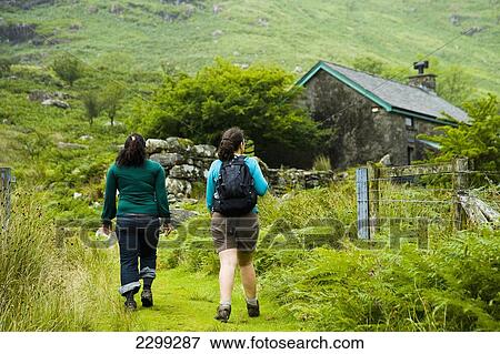 Stock Photo - UK, North Wales, Snowdonia National Park, Walking the trails and footpaths of Snowdonia. walkers approaching small isolated cottage on hillside; Nantgwynant. Fotosearch