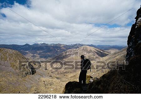 Stock Photo - UK, Scotland, Argyll, Silhouette of man admiring view from Aonach Eagach Ridge; Glen Coe. Fotosearch