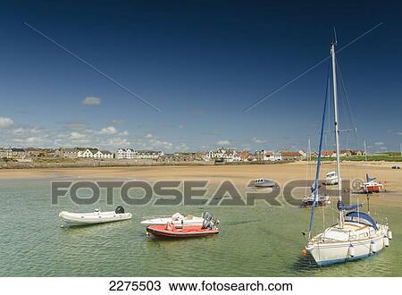 Stock Image - Uk, Scotland, Fife, East Neuk, View Of Sailing Boats And Inflatable Raft; Elie And Earlsferry. Fotosearch