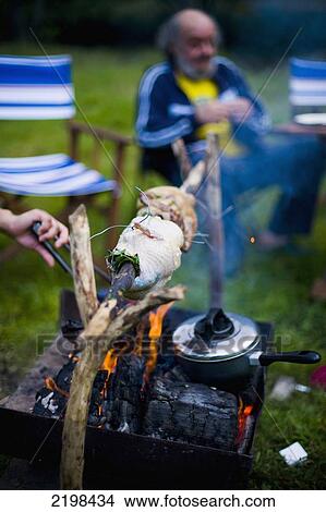 UK, Wales, North Wales, Snowdonia National Park, spit roast chicken over open fire at Llyn Gwynant Campsite; Nant Ggwynant, Family camping holiday View Large Photo Image Picture - UK, Wales, North Wales, Snowdonia National Park, spit roast chicken over open fire at Llyn Gwynant Campsite; Nant Ggwynant, Family camping holiday. Fotosearch