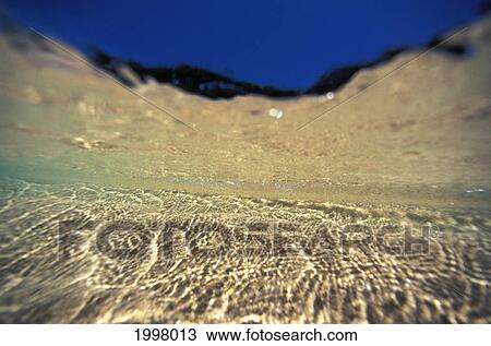 Stock Image - Underwater Reflections Along Sandy Bottom, At Surface Blue Sky Visible. Fotosearch