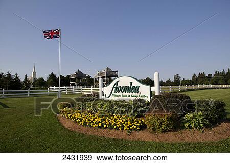 Stock Photo - Union Jack and sign in Avonlea Village of Anne of Green Gables; Cavendish, Prince Edward Island, Canada. Fotosearch