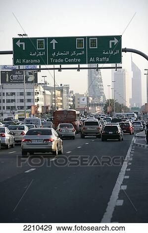 Stock Photo - United Arab Emirates, Traffic Backing Up On The Way Into The City; Dubai. Fotosearch