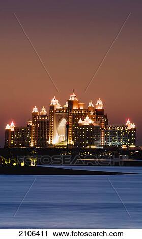 Stock Image - United Arab Emirates, View of Atlantis Hotel at dusk; Dubai. Fotosearch